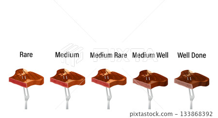 Beef steak doneness chart showing various cooking levels 133868392
