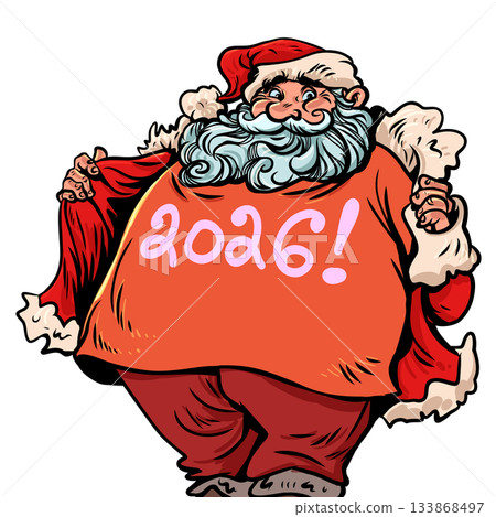Santa Claus in a 2026 T-shirt. Santa Claus is celebrating the coming New Year. Special offers for customers during the holidays. Santa Claus in a 2026 T-shirt. Santa Claus is celebrating the coming New Year. Special offers for customers during the holidays. 133868497