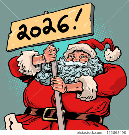 Santa Claus holds 2026. Santa Claus is excited about the coming New Year. Special offers for customers during the holidays. Santa Claus holds 2026. Santa Claus is excited about the coming New Year. Special offers for customers during the holidays. 133868498