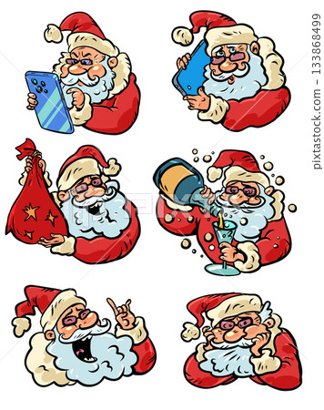 Different faces of Santa Claus for Christmas. Six different Santa Claus stickers. Special offers for customers during the holidays. Different faces of Santa Claus for Christmas. Six different Santa Claus stickers. Special offers for customers during the holidays. 133868499