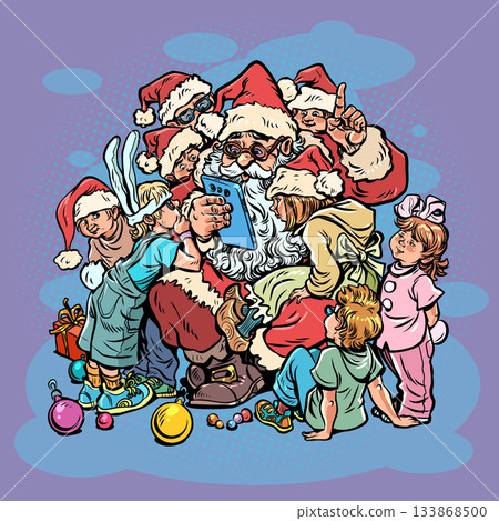 Santa Claus surrounded by children. Santa Claus reading letters on his phone. Special offers for customers during the holidays. 133868500
