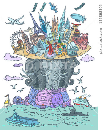 Wonders of the world and the entire world. A flat world on three elephants and a turtle. International Marketplace and Travel. Wonders of the world and the entire world. A flat world on three elephants and a turtle. International Marketplace and Travel. 133868503