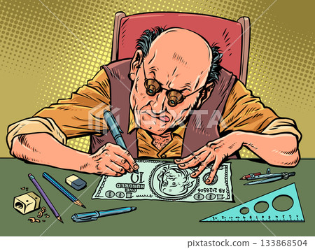 A man draws a dollar bill. Evil scammers. Banking system security. 133868504