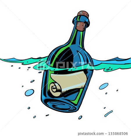 A bottle with a note in water. Message in glass. A business offer for clients. 133868506