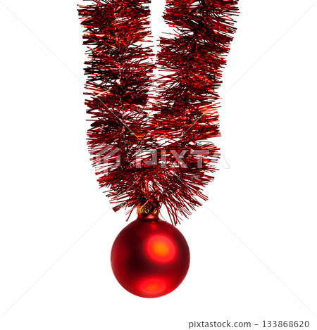 Red Christmas tree ball and Christmas garland on a transparent background 133868620