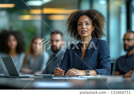 businesswoman leading a team meeting with her coworkers as manager 133868751