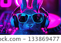 Trendy Infant Dj Rabbit Rocking Neon Sunglasses In Bright Lights And Grooving To The Music 133869477