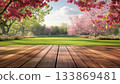 Peaceful Wooden Terrace With Lush Garden Background Rendered 133869481