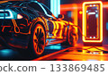 Futuristic Electric Car Closeup At Charging Station With Eco-Friendly Battery Technology 133869485