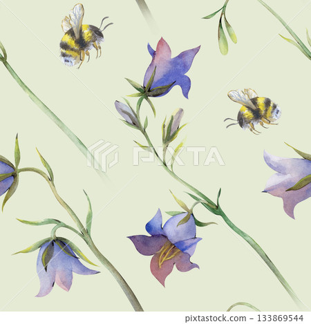 Watercolor seamless pattern with bluebells and flying bumblebees on a light green background. Botanical illustration with wildflowers in natural colors. Realistic ornament for summer themes. 133869544