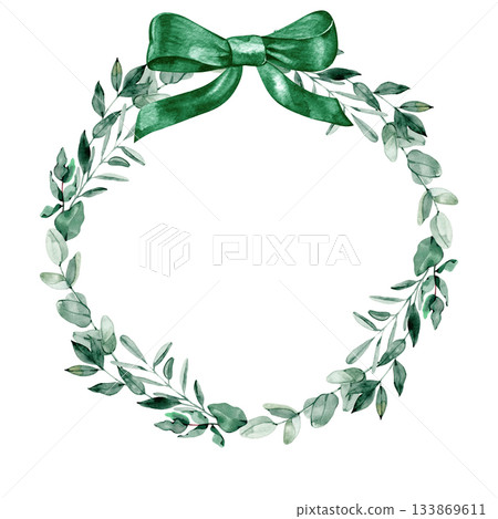 Watercolor eucalyptus wreath with an elegant green bow. Delicate botanical illustration perfect for holiday cards, invitations, branding, and natural decorative design projects. 133869611
