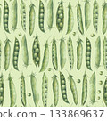 Seamless pattern with green peas pods and seeds. Watercolor illustration hand drawn and isolated on a light green background. Perfect for decorating and designing packaging, wrapping paper, textiles 133869637
