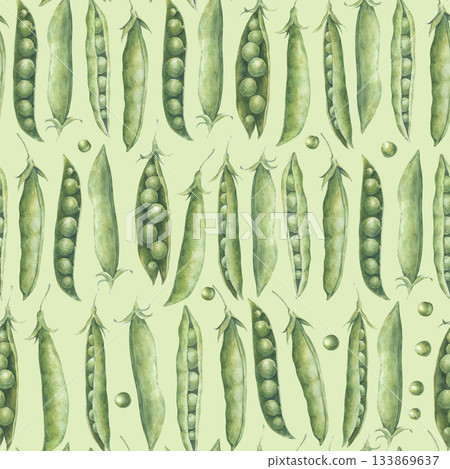 Seamless pattern with green peas pods and seeds. Watercolor illustration hand drawn and isolated on a light green background. Perfect for decorating and designing packaging, wrapping paper, textiles 133869637