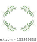 Oval frame with sprouts, sprigs, leaves and flowers of garden peas. Watercolor illustration hand drawn and isolated on a white background. Ideal for postcards, invitations, posters, tableware. 133869638