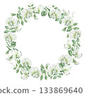Round, lush wreath frame made of flowers, leaves, and shoots of garden peas. Hand-drawn watercolor illustration isolated on white background. Perfect for postcards, invitations, polygraph, tableware 133869640