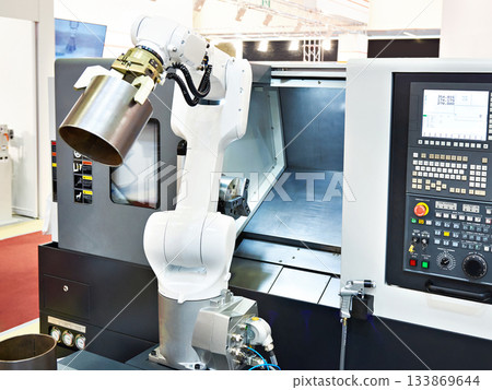 Robotic arm and cnc lathe machine 133869644