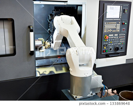 Robotic arm and cnc lathe machine Robotic arm and cnc lathe machine 133869648