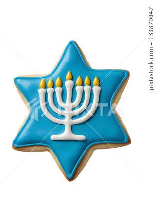 Festive 3d illustration of traditional blue hanukkah cookie shaped like the star of david and menorah, isolated on transparent background 133870047
