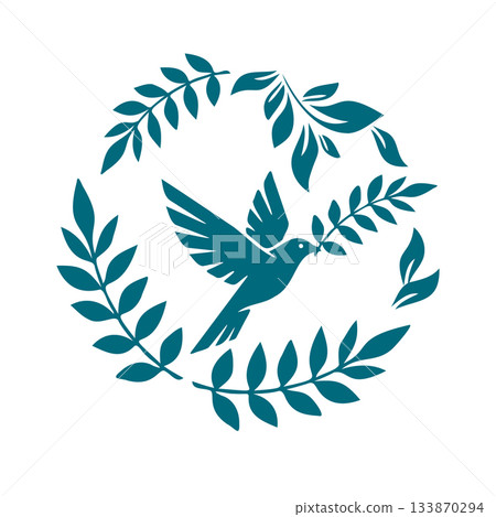 Bird in a wreath symbol blue graphic object of peace. Hand drawn. Not AI, vector illustration. 133870294