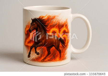 White mug showcasing a dynamic brown horse galloping through vibrant flames, adorned with the year 2006, capturing power and energy White mug showcasing a dynamic brown horse galloping through vibrant flames, adorned with the year 2006, capturing power and energy 133870643