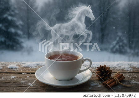 White cup of hot beverage with steam forming a prancing horse shape, with cinnamon sticks and pine cone on wooden table in snowy winter forest, creating a warm and magical atmosphere White cup of hot beverage with steam forming a prancing horse shape, with cinnamon sticks and pine cone on wooden table in snowy winter forest, creating a warm and magical atmosphere 133870978