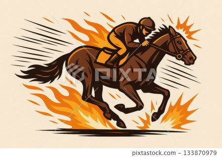 Horse with jockey racing at high speed engulfed in flames, creating a sense of intense competition and power 133870979