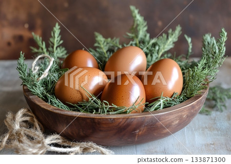 Natural brown eggs arranged in a wooden bowl with fresh rosemary and juniper sprigs, creating a rustic, organic display 133871300