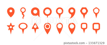 Red vector map pin location. Marker badge city pictogram isolated pin icon 133871329