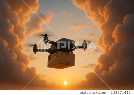 Drone delivering a cardboard box through a sky filled with dramatic orange clouds, with the rising sun below Drone delivering a cardboard box through a sky filled with dramatic orange clouds, with the rising sun below 133871411