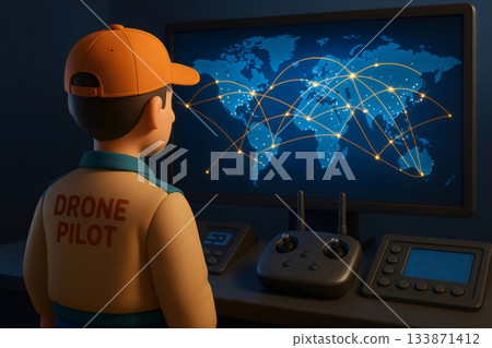 Character depicting a drone pilot observing a world map on a monitor, showing a global network connection and data flow Character depicting a drone pilot observing a world map on a monitor, showing a global network connection and data flow 133871412