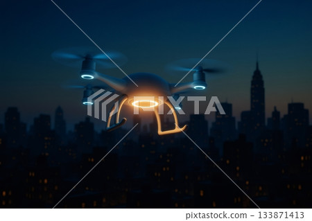 Autonomous drone with illuminated parts flying above a city skyline during evening, representing future technology and smart urban solutions 133871413