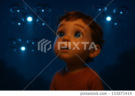 Child looking up at multiple illuminated drones in a dark, mysterious environment, representing technology, wonder, and future Child looking up at multiple illuminated drones in a dark, mysterious environment, representing technology, wonder, and future 133871414