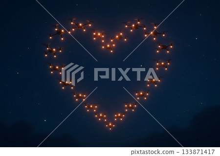 Drones perform an aerial light show, illuminating the night sky by forming a glowing heart shape, symbolizing love and technology 133871417