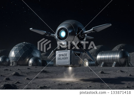 Futuristic drone delivering a box labeled space delivery at a human colony on the moon, emphasizing future logistics and exploration Futuristic drone delivering a box labeled space delivery at a human colony on the moon, emphasizing future logistics and exploration 133871418