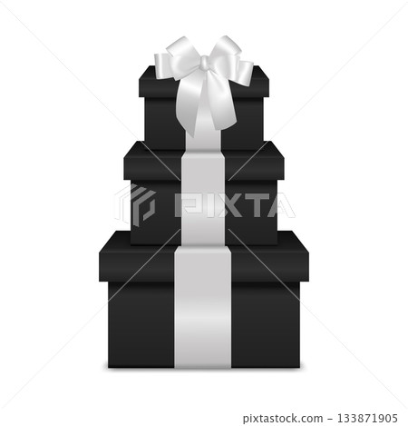 Black Gift Box Tower with White Ribbon. Stack of Luxury Black Present Boxes with White Bow, Realistic 3D Gift Boxes for Christmas, Holiday, Wedding, Anniversary and Premium Gift Packaging Black Gift Box Tower with White Ribbon. Stack of Luxury Black Present Boxes with White Bow, Realistic 3D Gift Boxes for Christmas, Holiday, Wedding, Anniversary and Premium Gift Packaging 133871905