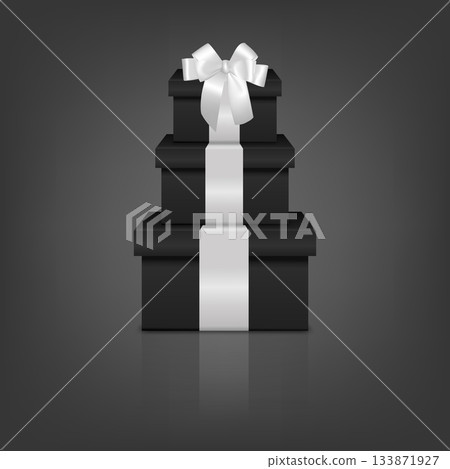 Stacked Black Gift Boxes with White Ribbon. Luxury Black Present Box Tower with White Bow, Realistic 3D Gift Pile for Premium Holiday, Christmas, Anniversary and Corporate Gift Packaging Design Stacked Black Gift Boxes with White Ribbon. Luxury Black Present Box Tower with White Bow, Realistic 3D Gift Pile for Premium Holiday, Christmas, Anniversary and Corporate Gift Packaging Design 133871927
