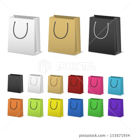 Color Shopping Bag Set. Colorful Paper Shopping Bags Collection, Blank Shopping Bag Icons in Different Colors. 3D Vector Shopping Bags Design 133871934
