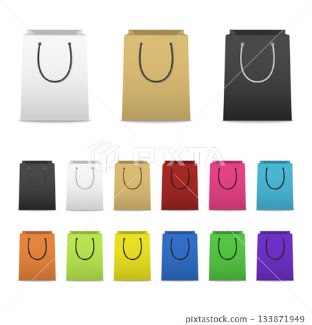 Color Shopping Bag Set. Colorful Paper Shopping Bags Collection, Blank Shopping Bag Icons in Different Colors. 3D Vector Shopping Bags for Retail 133871949
