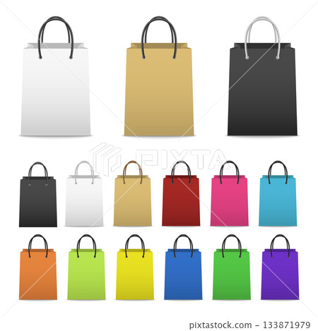 Color Shopping Bag Set. Colorful Paper Shopping Bags Collection, Blank Shopping Bag Icons in Different Colors. 3D Vector Shopping Bags for Retail Packaging, Branding 133871979