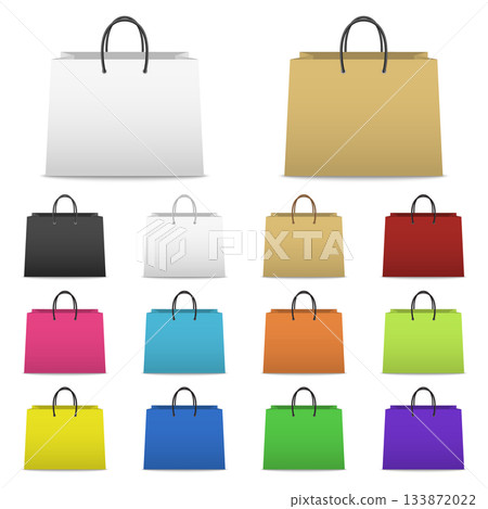 Color Shopping Bag Set. Colorful Paper Shopping Bags Collection, Blank Shopping Bag Icons in Different Colors. 3D Vector Shopping Bags for Retail Packaging 133872022
