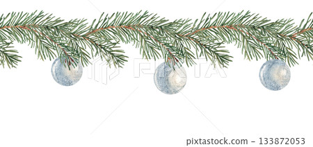 New Year, Christmas Horizontal Watercolor Seamless border Pattern. Pine or Fir Branches with blue baubles. Hand painted illustration of Winter forest plant with green needles on white background. Can 133872053