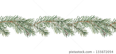 Pine or Fir Branches Horizontal Watercolor Seamless border Pattern. Hand painted illustration of Winter forest plant with green needles on white background. Can be used for fabric, textile, packaging Pine or Fir Branches Horizontal Watercolor Seamless border Pattern. Hand painted illustration of Winter forest plant with green needles on white background. Can be used for fabric, textile, packaging 133872054