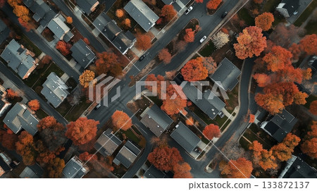 Capturing an aerial view of a residential neighborhood transformed by autumn's fiery orange and red foliage, creating a vibrant tapestry of nature and architecture 133872137