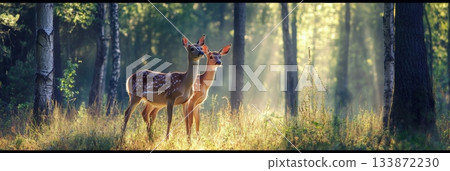 Two young deer are standing gracefully in a sunlit forest clearing at sunrise, basking in the warm light and creating a serene and enchanting atmosphere in nature 133872230