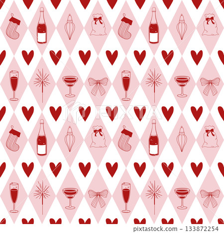 Hand-drawn Christmas seamless pattern with champagne bottle and glass, sparkler and Christmas tree ornaments and bow 133872254