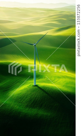 Single wind turbine standing on vibrant green rolling hills, generating renewable energy in a picturesque landscape, symbolizing sustainable power and environmental conservation 133872256
