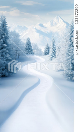 Picturesque winter scene unfolds, featuring a winding snow path meandering through a serene landscape of snow covered mountains and majestic pine trees, creating a breathtaking winter wonderland 133872290