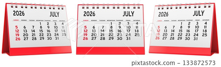 Desk calendars July 2026. Front and side views, 3D rendering Desk calendars July 2026. Front and side views, 3D rendering 133872573