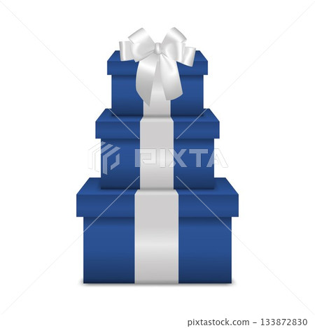 Blue Gift Box Tower With White Ribbon. Stacked Blue Gift Boxes, Elegant Present Box Set For Christmas, New Year, Birthday, Wedding, Corporate Gift And Father s Day, Realistic 3d Navy Blue Gift Boxes 133872830