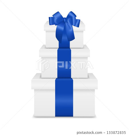 White Gift Box Tower With Blue Ribbon. Stacked White Gift Boxes, Luxury Present Box Set For Christmas, New Year, Birthday, Wedding, Father s Day, Corporate Gift And Holiday Sale. 3D White Gift Boxes 133872835
